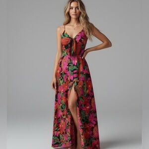 Floral Printed Cut Out Button Down Maxi Dress